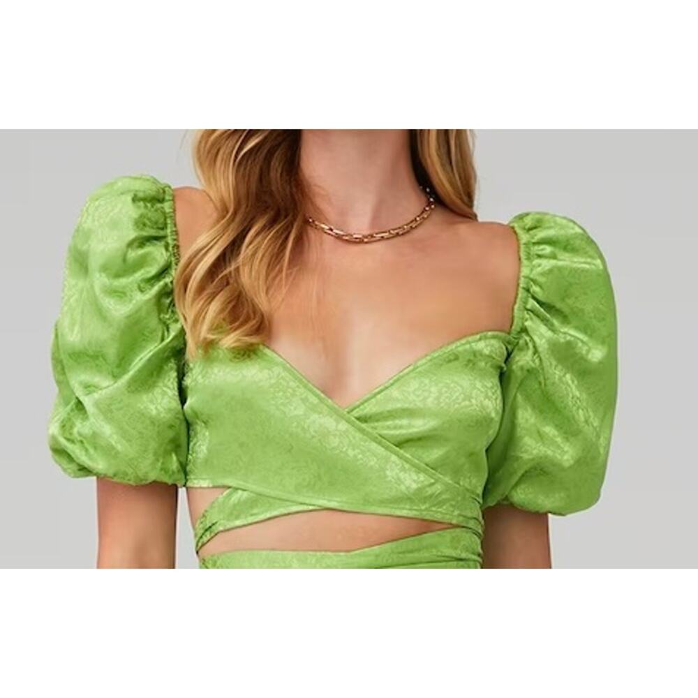 Ronny Kobo Satin Wrap Puff Sleeve Crop Top